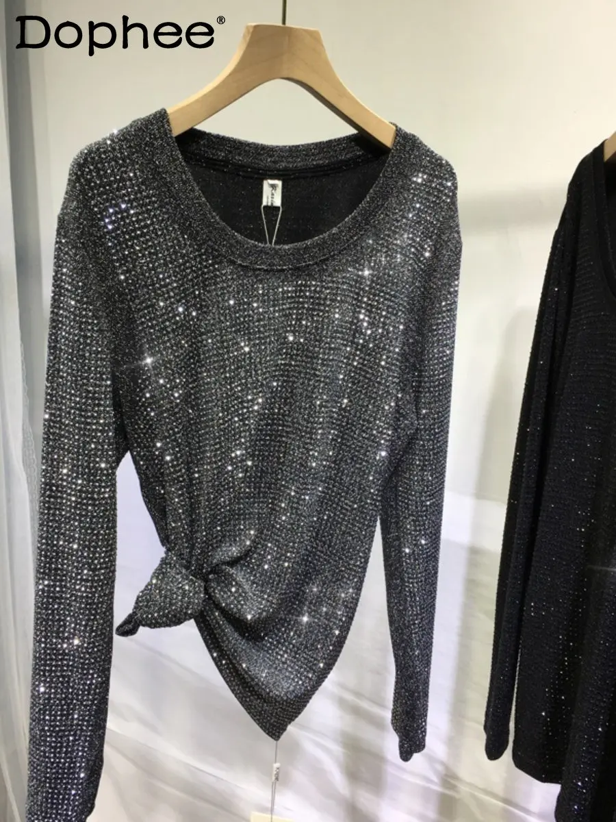 Hot Drilling Silver Shiny Crystal Bottoming Shirt Women Round Neck Loose Long Sleeve T-Shirt Top 2023 New Spring Summer Clothes