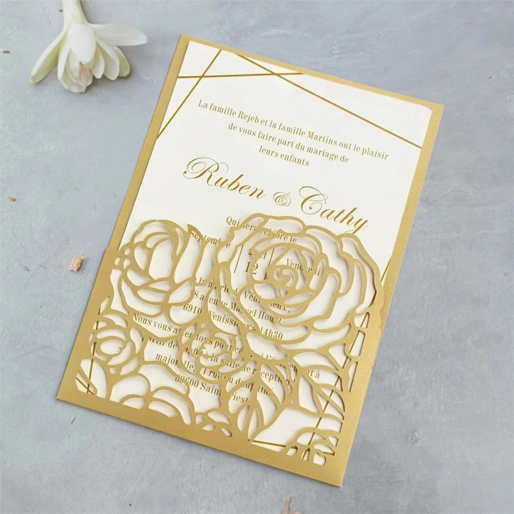 Rose Wedding Invitation Pocket Envelop, Laser Cut Card, Customized Design, Holiday Greeting Cards, 50 Sets