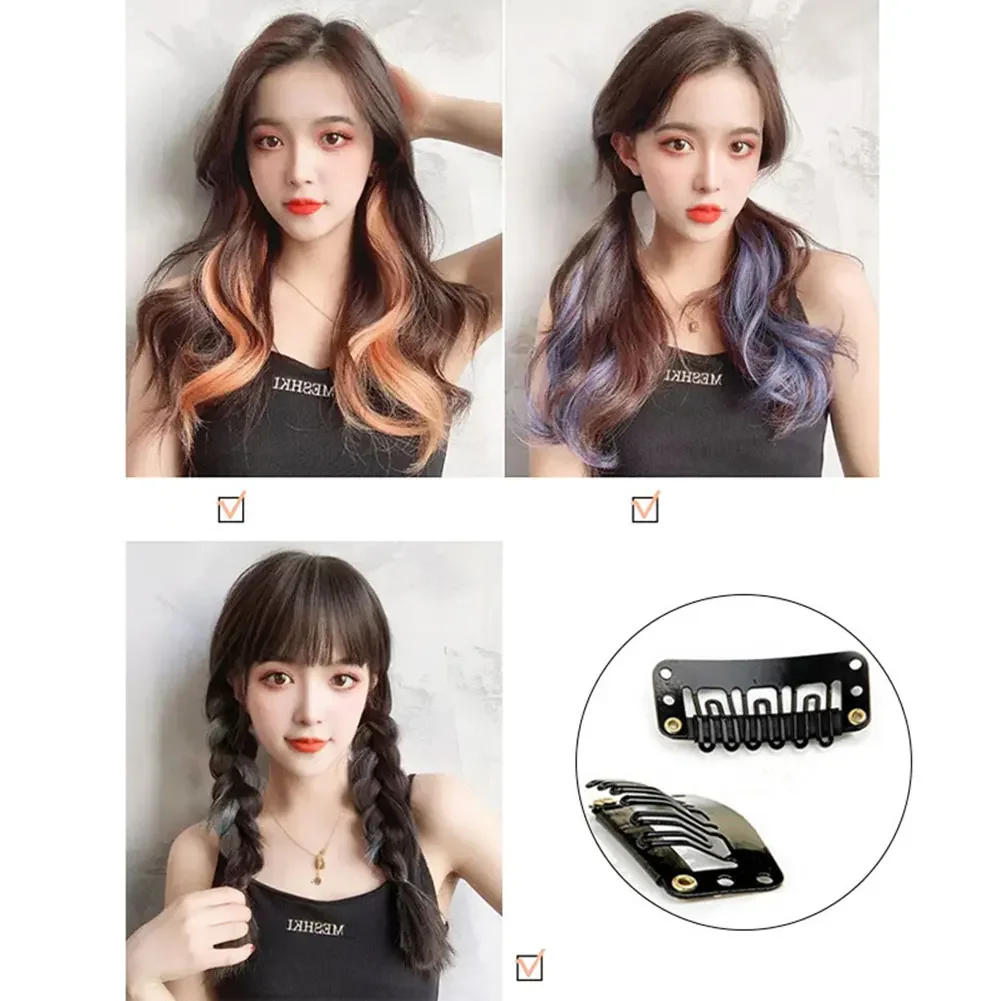 Long curly hair Color Hair Piece Hair Extensions Clip In Highlight Rainbow Hair Streak Pink Synthetic Hair Strands on Clips