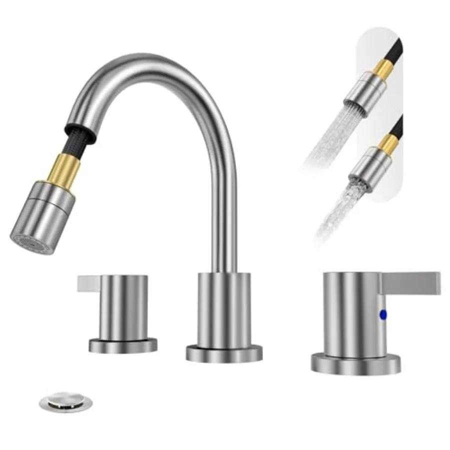 

Pull Down Sprayer Widespread Bathroom Sink Faucet 8 Inch 2 Handles 3 Hole Pull Out Bathroom Faucet with Pop Up Drain and Water