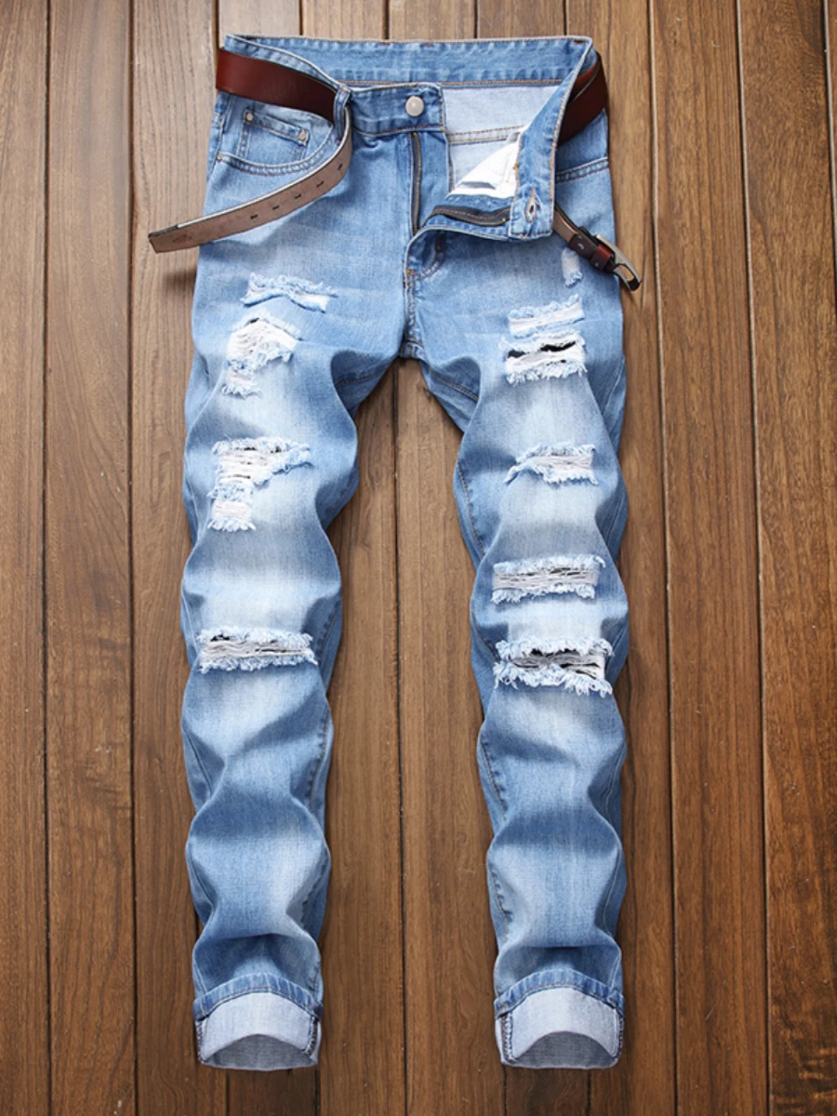 

Модные мужские джинсы свободного кроя с прямыми штанинами, повседневные универсальные брюки больших размеров, длинные брюки со средней посадкой, джинсы с рваными элементами