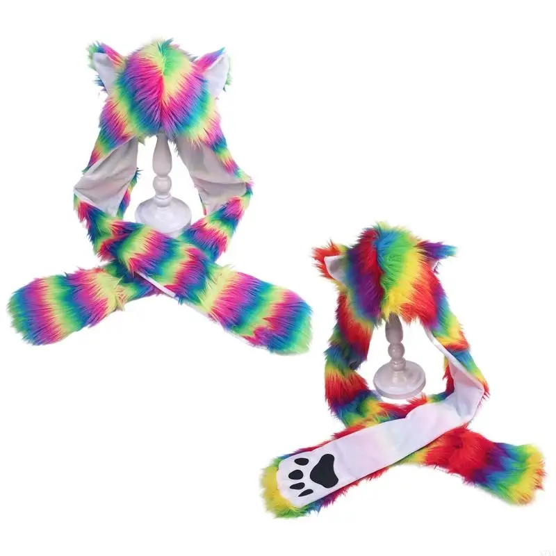 

X7XE Winter Warm Women Hoodie Gloves Pocket Earflap Hat Long Scarf Shawl for Cat Ears Cold Weather Rainbow Neck Warmer