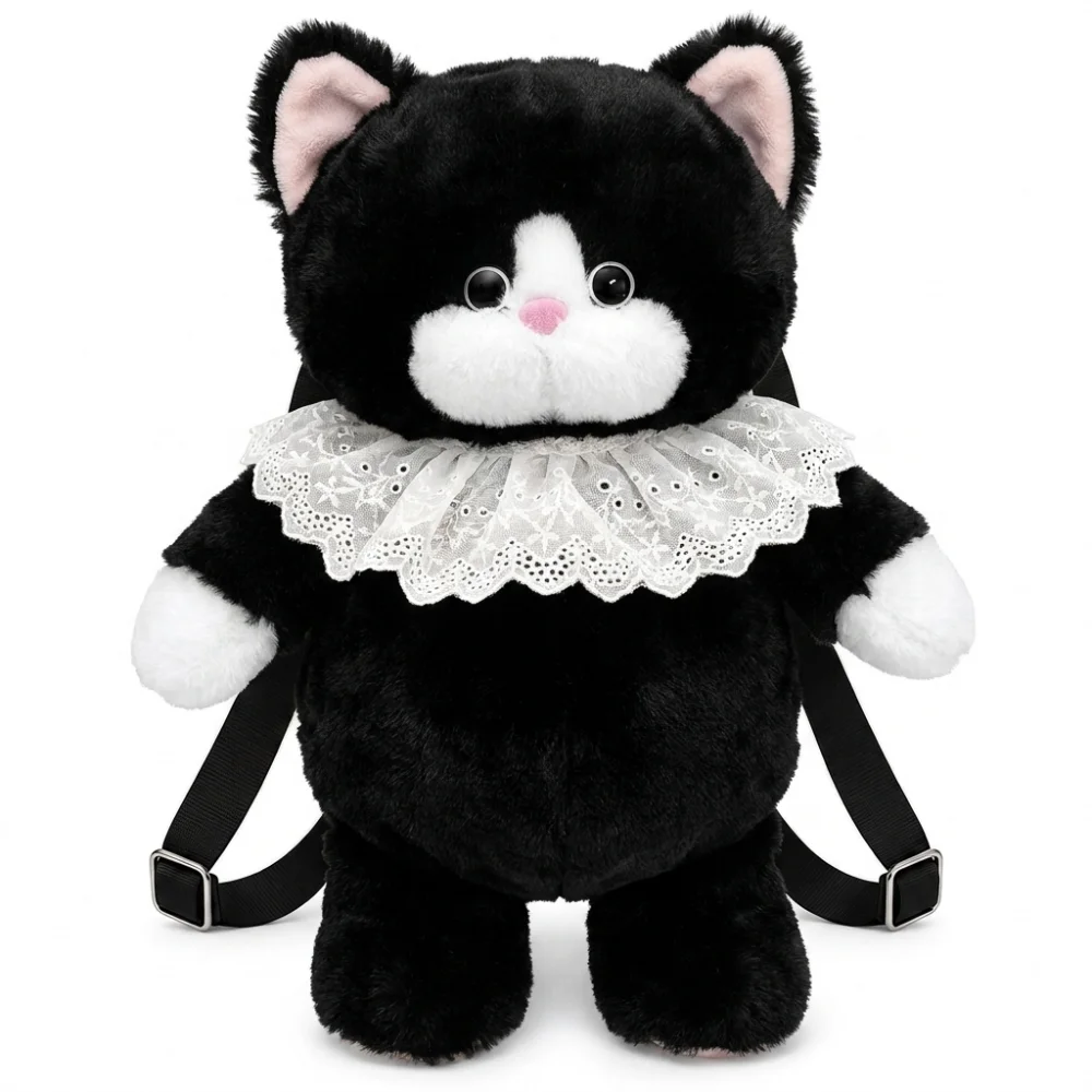 Black White Furry Cat Backpack Lightweight Adjustable Strap Cat Shoulder Bag Zippered Stuffed Animal Purse