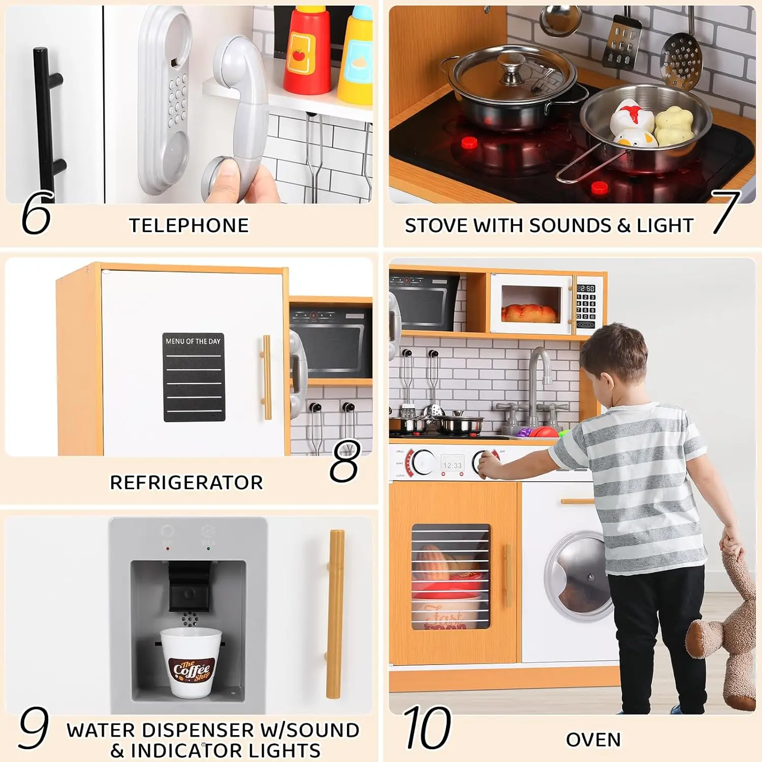 Cocina de juego para niños, juguete de simulación de Chef de madera con lavadora, dispensador de agua, estufa, sonido y luz reales, teléfono