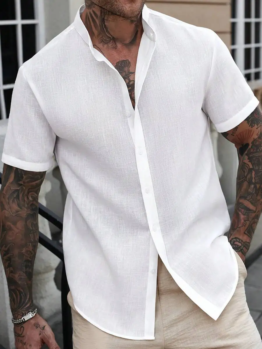 

Men's White Stand Collar Linen Short Sleeve Casual Shirt