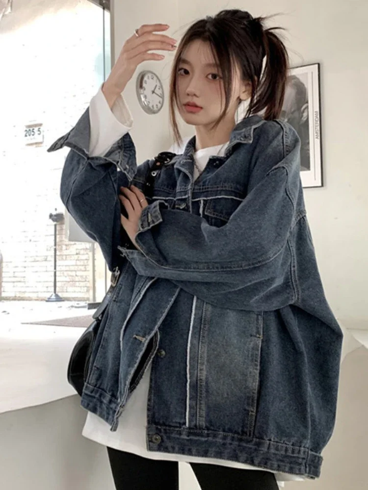 Jean Jacket for Women Spring Autumn Casual Blue Retro Polo Collar Denim Jacket Loose Korean Fashion Long Seleeve Denim Coat