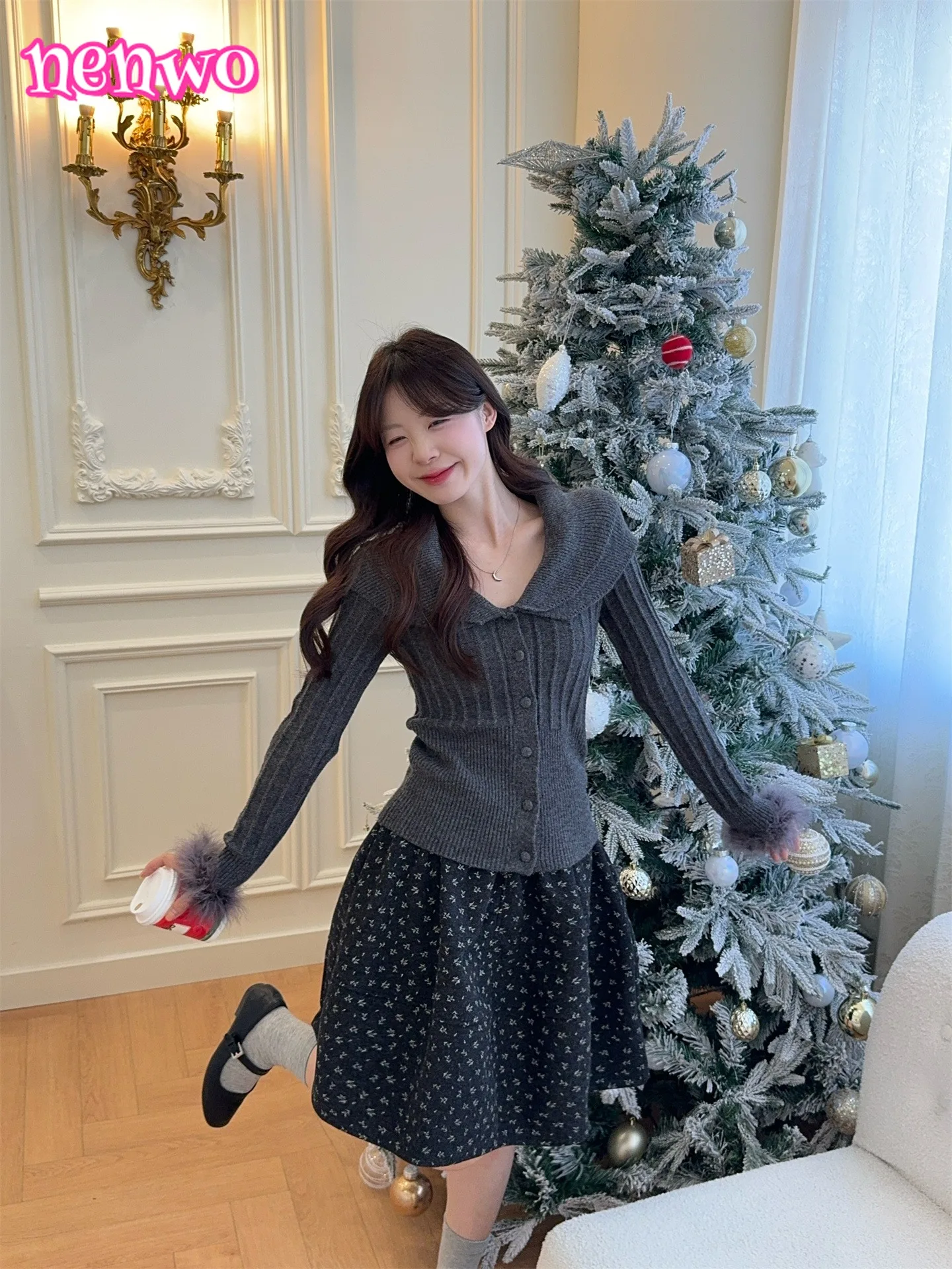 النمط الفرنسي لطيف بدوره إلى أسفل طوق كم طويل محبوك سترة علوية للنساء الخريف الشتاء الحلو دعوى الصوف الأزهار تنورة faldas