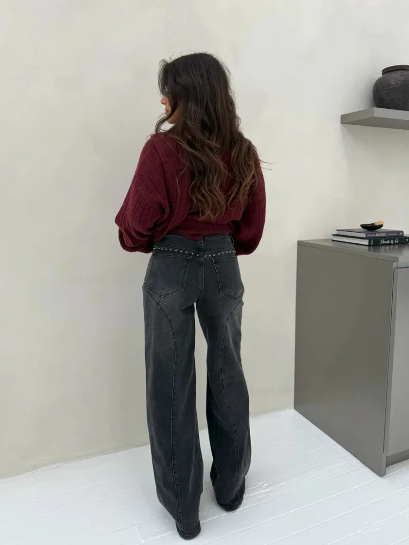 Damen-Jeans mit Nieten und geradem Bein, gebogene Nähte, Metallperlen, lockere, weite Denim-Hose, amerikanischer Street-Casual-Stil, Alltagshose – Detail 12