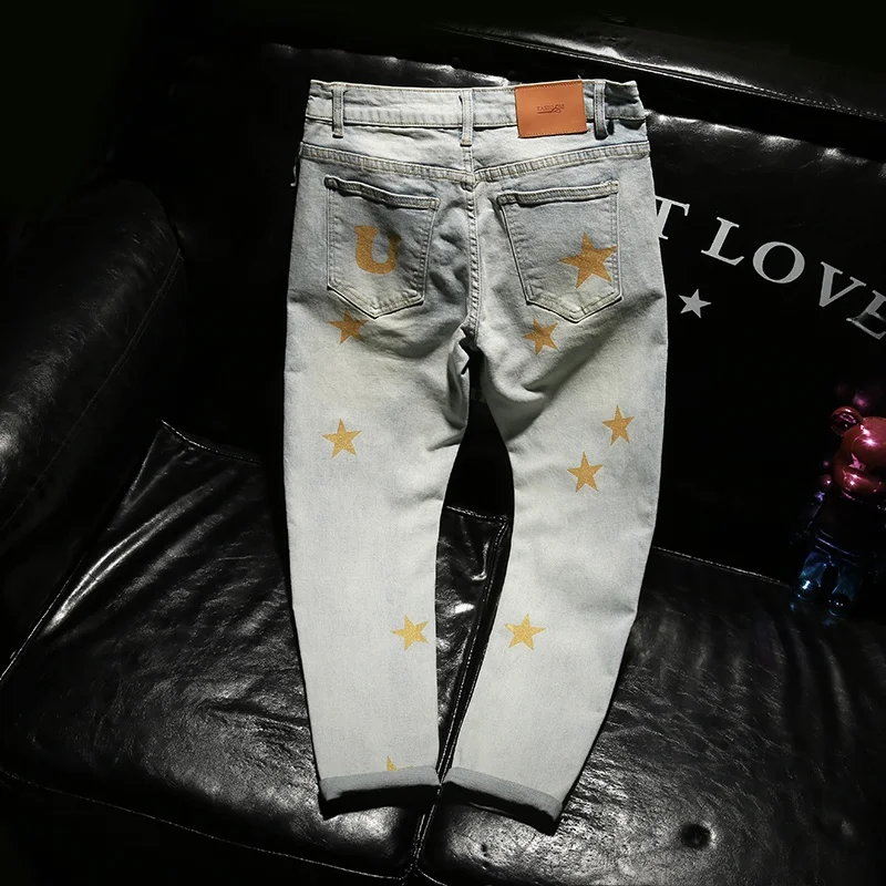 lork-deem-韓国風カジュアルスタープリントジーンズ-スリムフィット-ナインポイントパンツ-多用途でファッショナブルな小衆向け