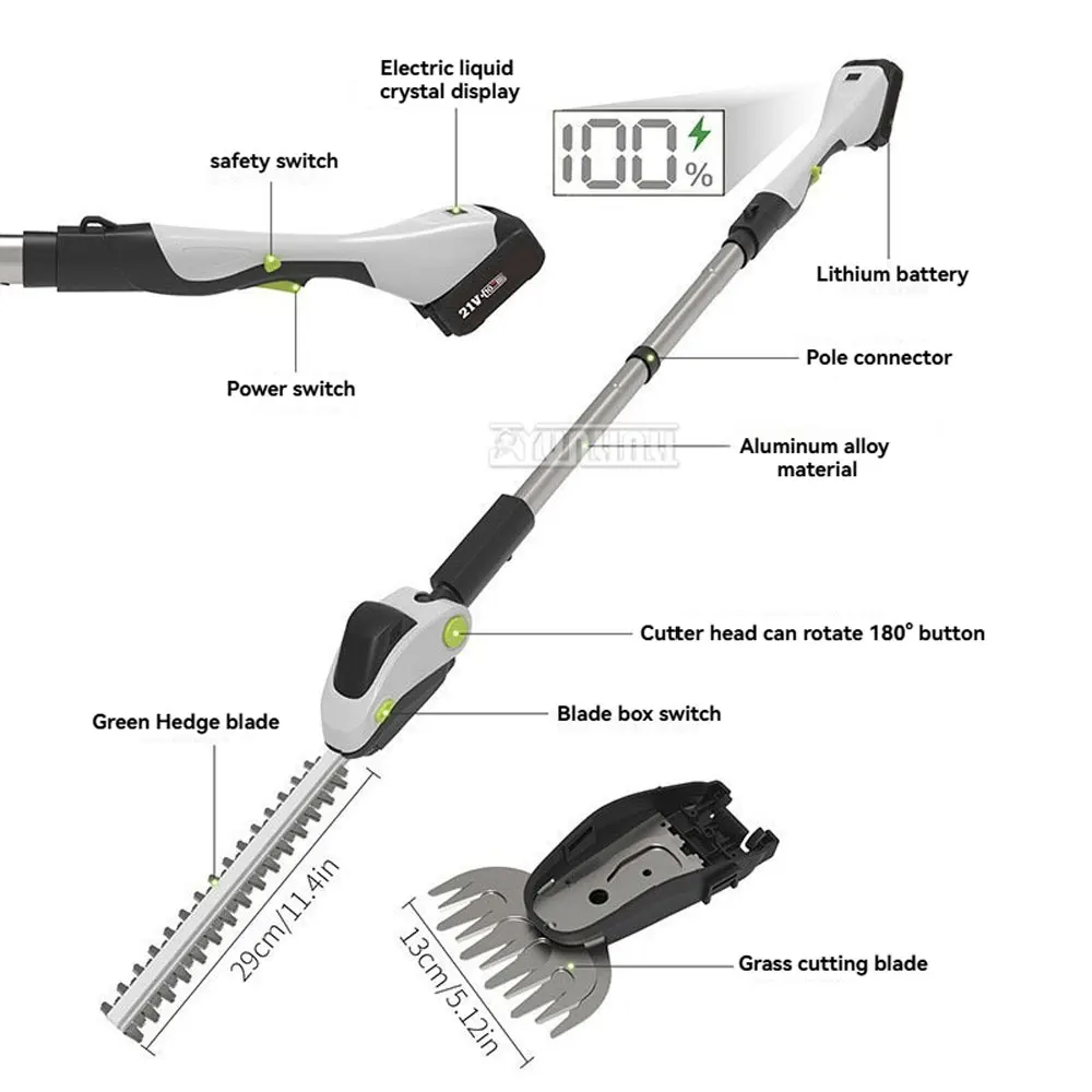 Landscape Trimmer, High-Reach Trimmer, Electric Hedge Trimmer, Handheld Hedge Shears, Rechargeable Trimmer, Gardening Pruner