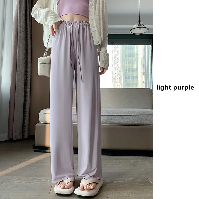 Casual Thin Sunscreen Ice Silk High Waisted Wide Leg Pants For Women\'S Summer New Show High Drape And Drag Straight Trousers