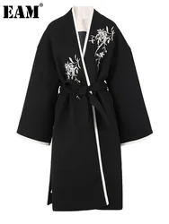 [EAM] Black Embroidery Belted Big Size Woolen Coat New V-neck Long Sleeve Women Jacket Fashion Tide Autumn Winter 2024 CPG1079