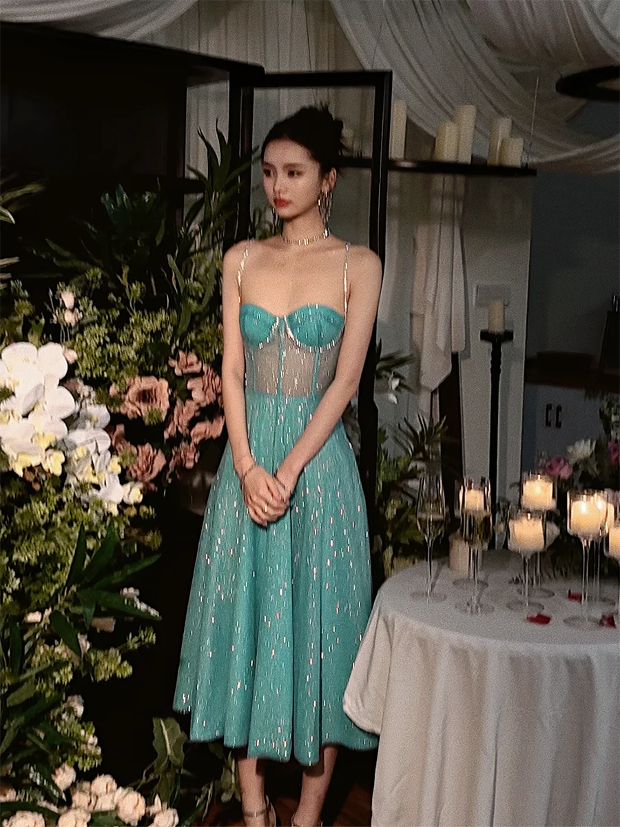 

Dopne Blue Sequin iny Diamond Chain Strapl Dr День рождения Princ Escape Сексуальное платье миди со средней талией Dr No-Sve