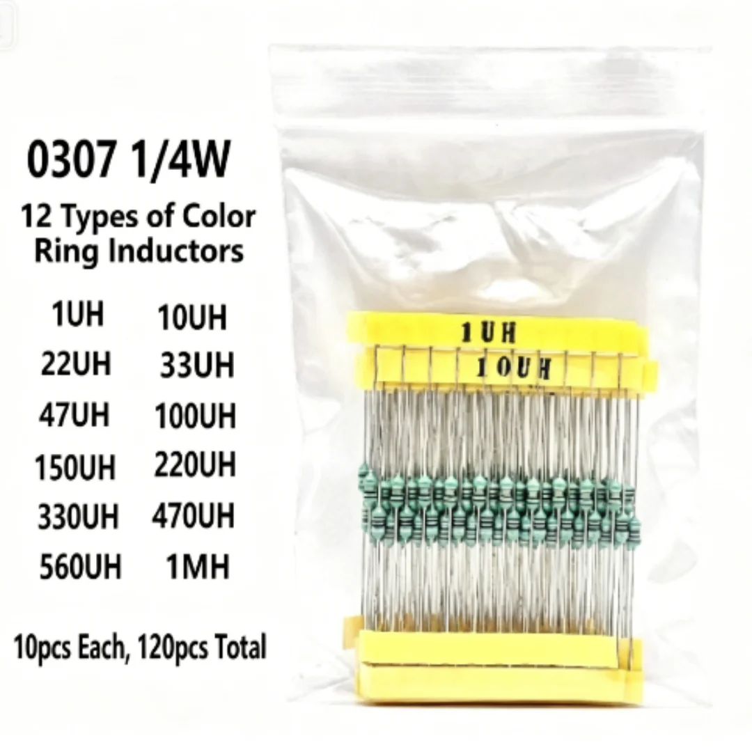 12-types 1/4W 0307 color-coded ring inductor sample pack with inductance from 1UH to 1MH, 10 pieces per type, 120 pieces in tota