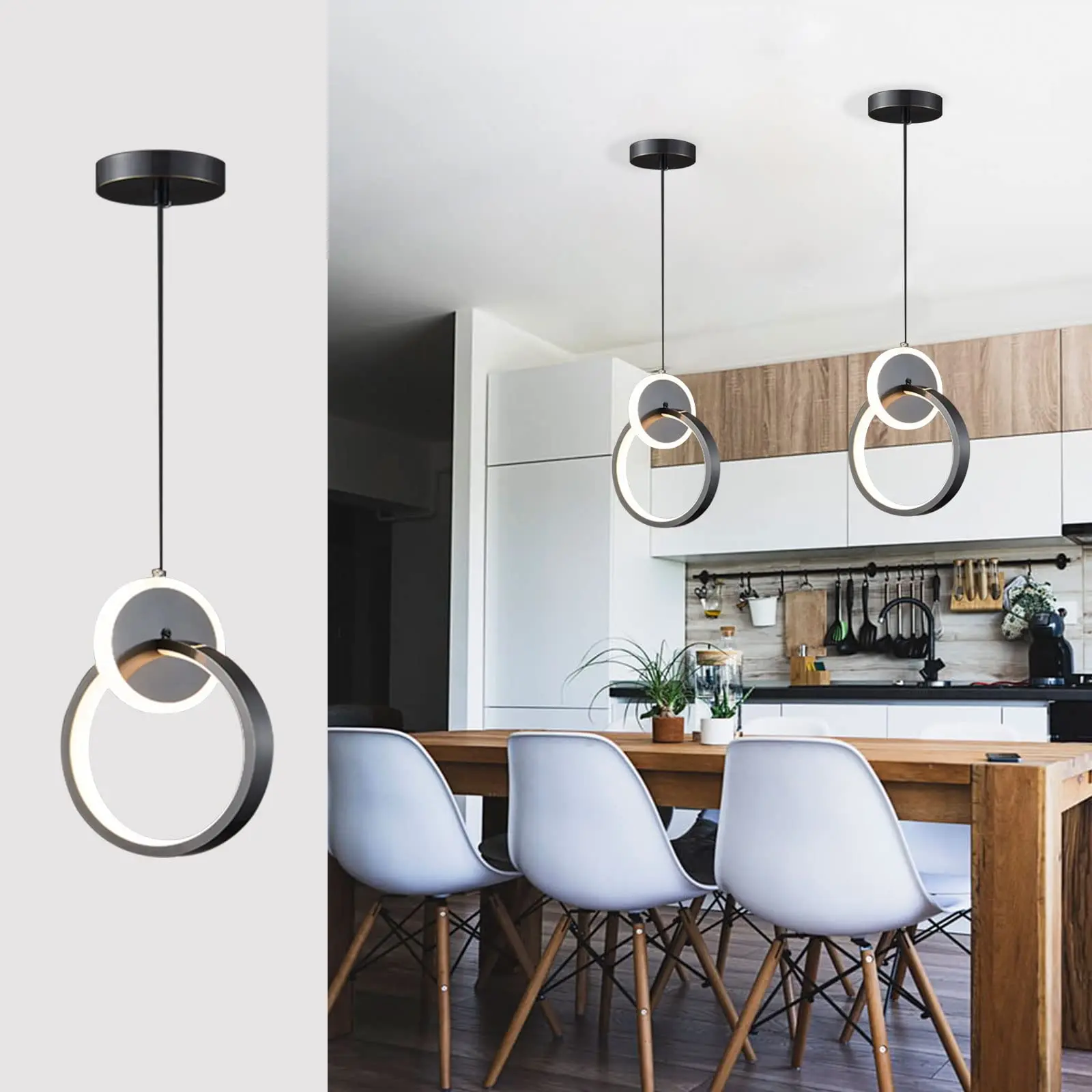 

Modern LED Pendant Lights,24W Black Creative Kitchen Island Pendant Light Fixture,Adjustable Rope Hanging Lamps 3000K