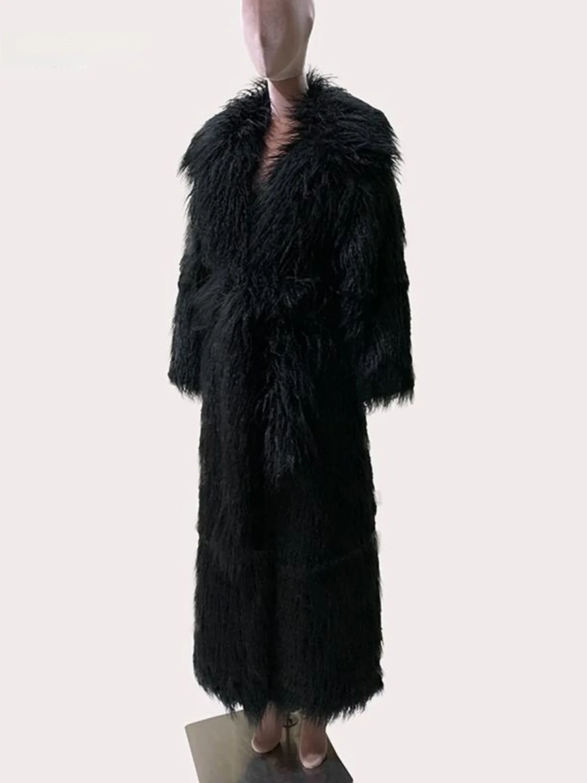 Nerazzurri Eco-Friendly Faux Fur Coat Women's Extra Long Belted Winter Thickened Simulation Fur Outerwear Korean Style Long S...