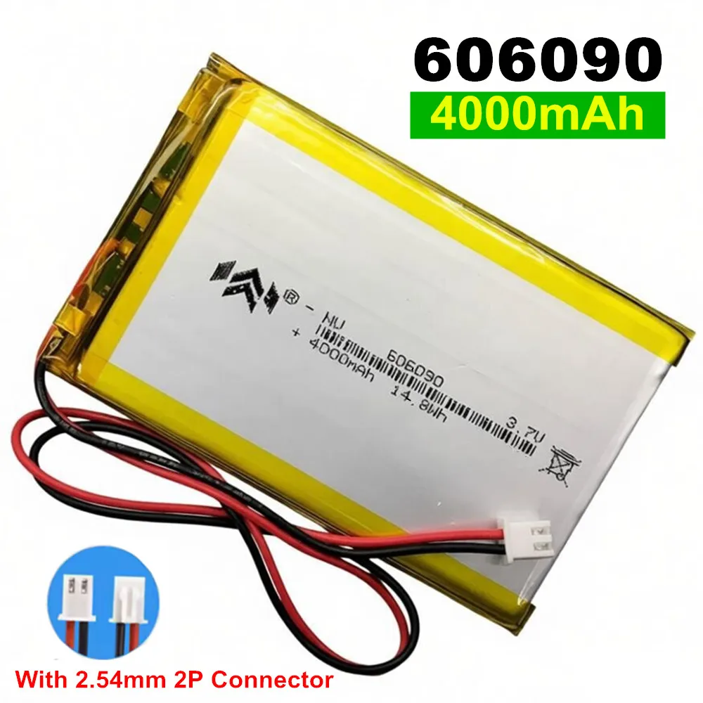 4000mAh 3.7V 606090 With 2.54mm 2P Plug Polymer Lithium Rechargeable Battery For Power Bank Smart Watch Beauty Instrument GPS