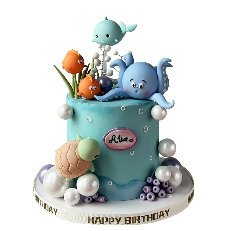 Under the Sea Cake Decorations Ocean Animals Cake Topper with Pearlescent Balls Decorations for Ocean Theme Boy Girl Baby Shower