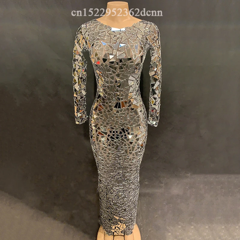 ชุดเดรสยาวตาข่ายสีดำประดับกระจกเงา สำหรับงานเลี้ยงตอนเย็น งานวันเกิด งานแสดง