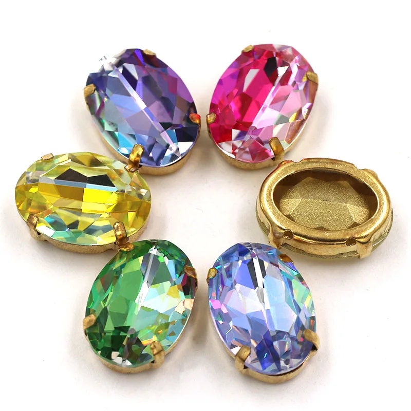 High Quality Glass Crystal Stones Oval Shape Golden Claw Setting Laser Rhinestones Sew On Shoes/Bags/Clothing Accessories