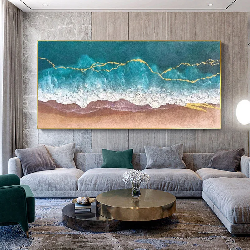 100% Hand-painted Landscape Oil Painting Modern Artwork Blue Seascape Sea Wave Gold Color Decor Painting Thick Textured Painting