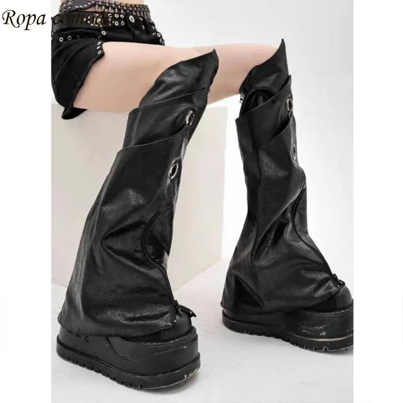 

MXMA Womens Punk Faux Leather Flared Leg Covers with Zippers Eyelets Harajuku Grunge Baggy Leg Warmers Gaiters Streetwear