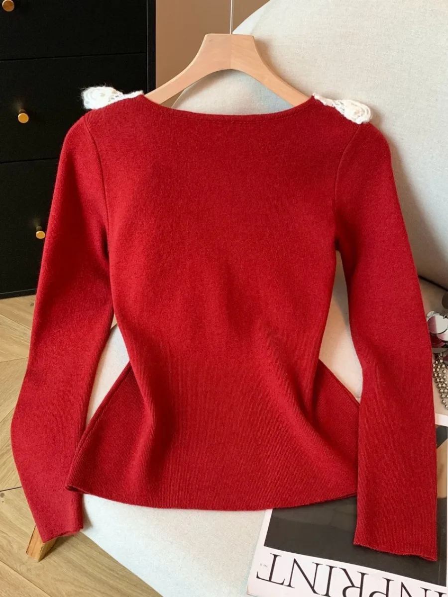 Premium-Design-Strickpullover für Damen, Herbst und Winter, Innenbekleidung, Basisschicht, mit Perlen verziert, Rüschenkragen, selbstklebend