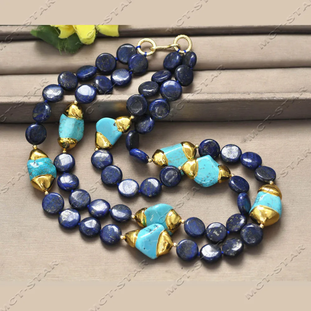 MCT·STAR 2Row 21'' 30mm Natural Blue Irregular Raw Gemstone Turquoise Coin Lapis Lazuli Necklace (Z14359)