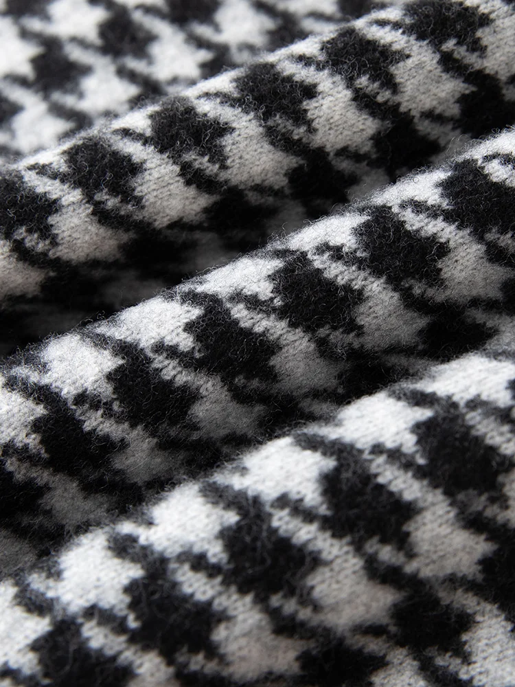 Pantalones de pierna ancha tejidos de lana merina 100% para mujer, gruesos, suaves, cálidos y cómodos, parte inferior con patrón a cuadros en blanco y negro para otoño e invierno