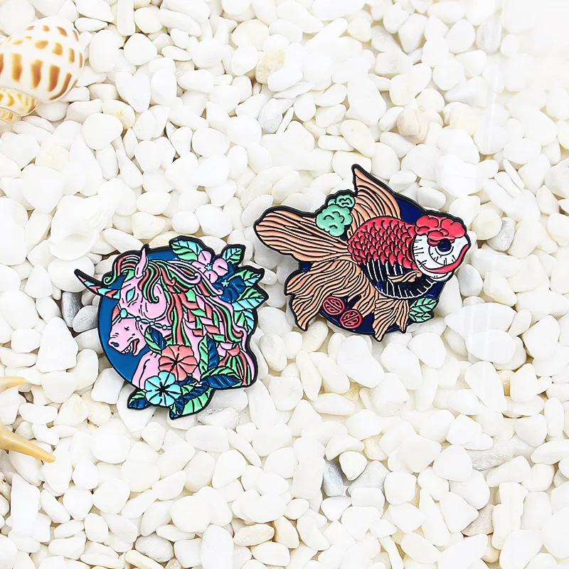 plants One horn horse Animal Pines Lapel For Woman Jewelry Gift Wholesale Fashion Fish Goldfish Horse Enamel Brooch Flowers and