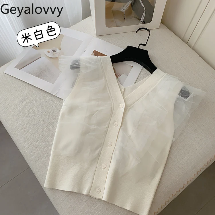 Nuovo prodotto estivo dolce tulle giapponese fungo bordo maniche volanti scollo a V maglione lavorato a maglia dimagrante gilet corto per le donne