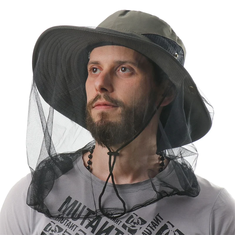 CAMOLAND Camouflage Male Fishing Hat Anti-Bee Insect Anti-Mosquito Net Breathable Hat Mesh Bucket Hat Outdoor Hat Sun Cap