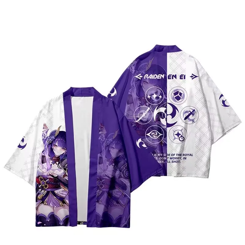 

Genshin Impact Raiden Shogun Cosplay Kimono Costume Beelzebul Tops Spring Fashion Printed Short Sleeve Party Cloak