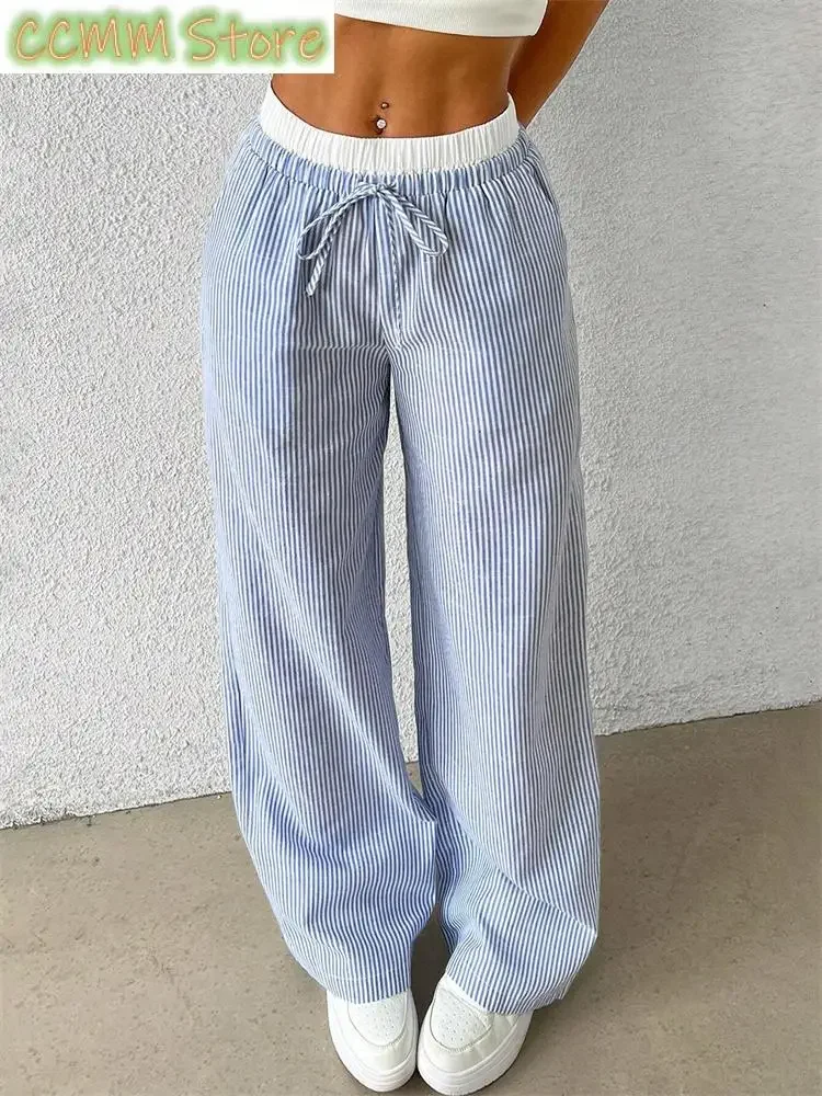 

Women's Casual Striped Woven Wide Leg Pants Fall Winter Casual Stylish Full Length Trousers Clothes Streetwear
