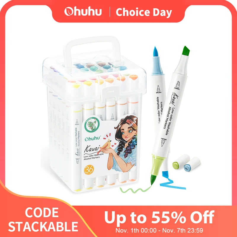 Ohuhu Kauai, 36-цветный набор маркеров, моющиеся спиртовые художественные маркеры с низким запахом, двойные наконечники, раскраска, иллюстрация, комиксы, товары для рукоделия