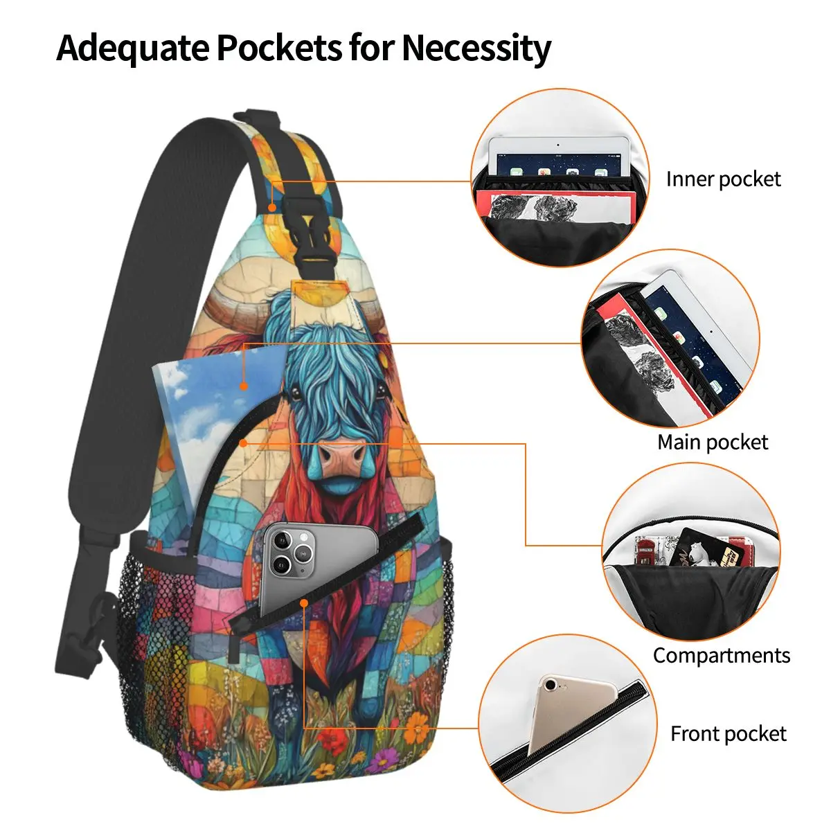 المرتفعات البقرة طباعة الاسكتلندية حقيبة الصدر الرجال حبال Crossbody على ظهره حقيبة الصدر السفر المشي لمسافات طويلة Daypack حقيبة الكتف