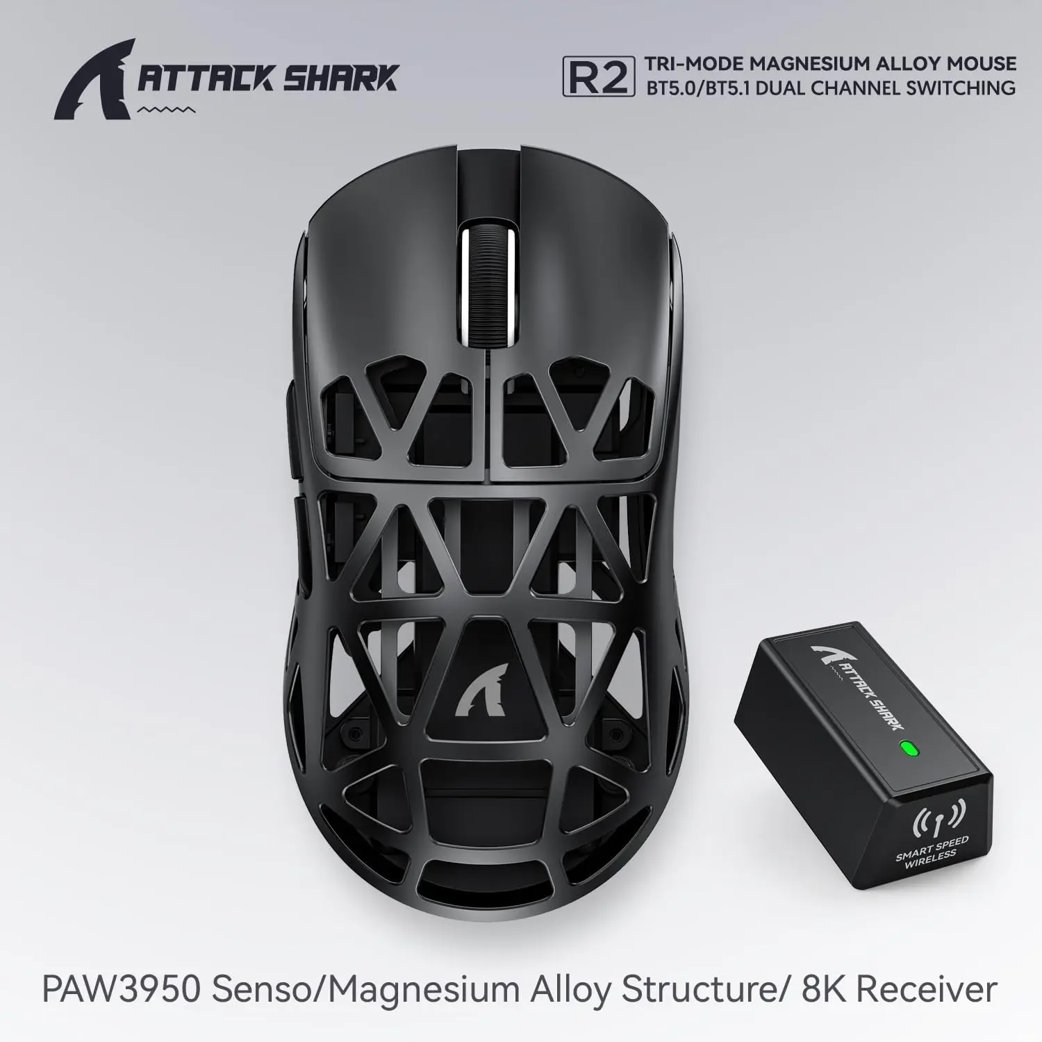 ATTACK SHARK R2 마그네슘 합금 게이밍 마우스, PixArt PAW3950 센서, 무선 8K, 48g 초경량, 조정 가능한 DPI 42000