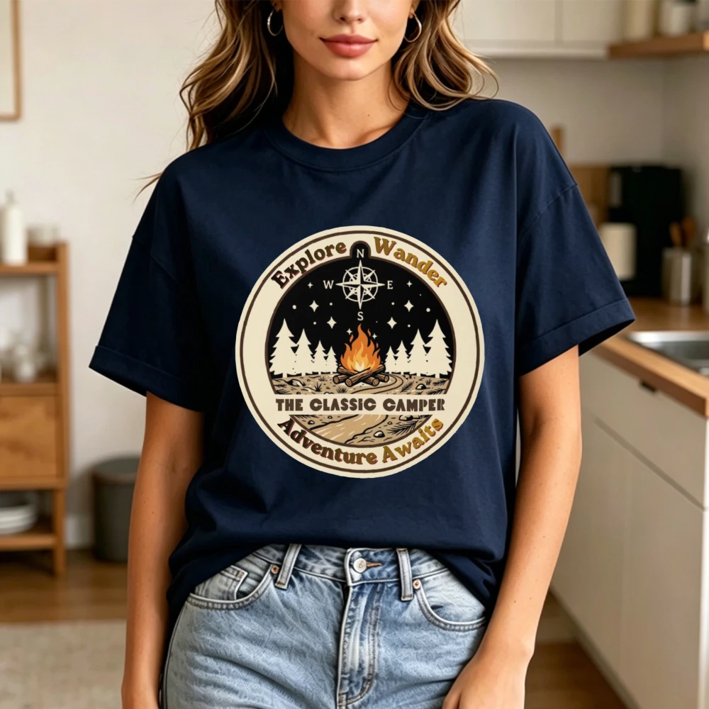 Wanderlust Explorer Gift T-Shirt Classic Camper Explore Wander Starry Forest Campfire Compass Vintage Badge Print Short Sleeve