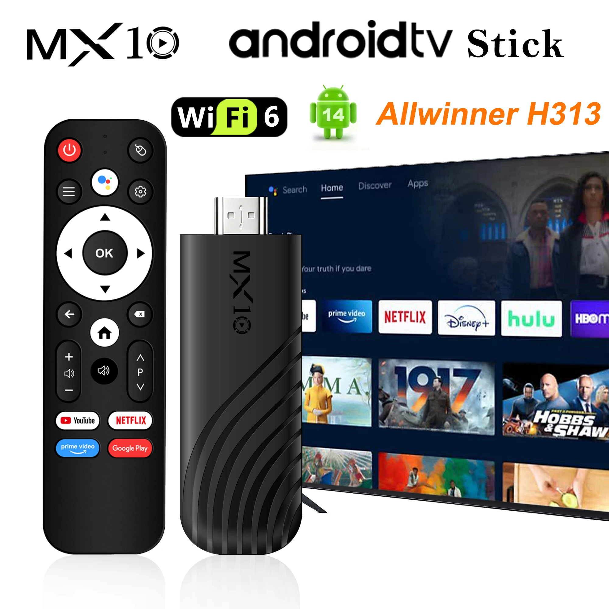 TV Stick Android 13 Quad Core H313 MX10 Stick HDMI 8GB 128GB WiFi6 BT5.4 Voice Remote 4K Video Playback Device
