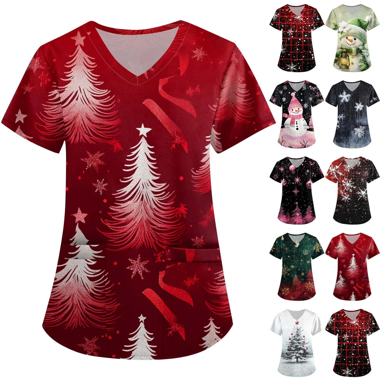 Nurse Uniforms Women Merry Christmas Print Short Sleeve Scrubs Working Blouse Overalls Uniforms Female Nursing Tops