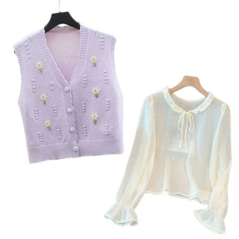 Western-style Age Reducing Long Sleeved Shirt for Women\'s Spring Autumn Lazy Style Chic Knitted Vest Top Two-piece Set for Women