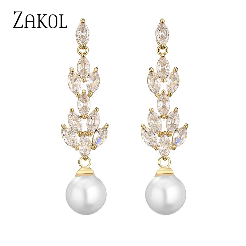 ZAKOL New Arrival Leaf Marquis Cubic Zirconia Pearl Long Dangle Drop Earrings for Women Exquisite Wedding Anniversary Jewelry