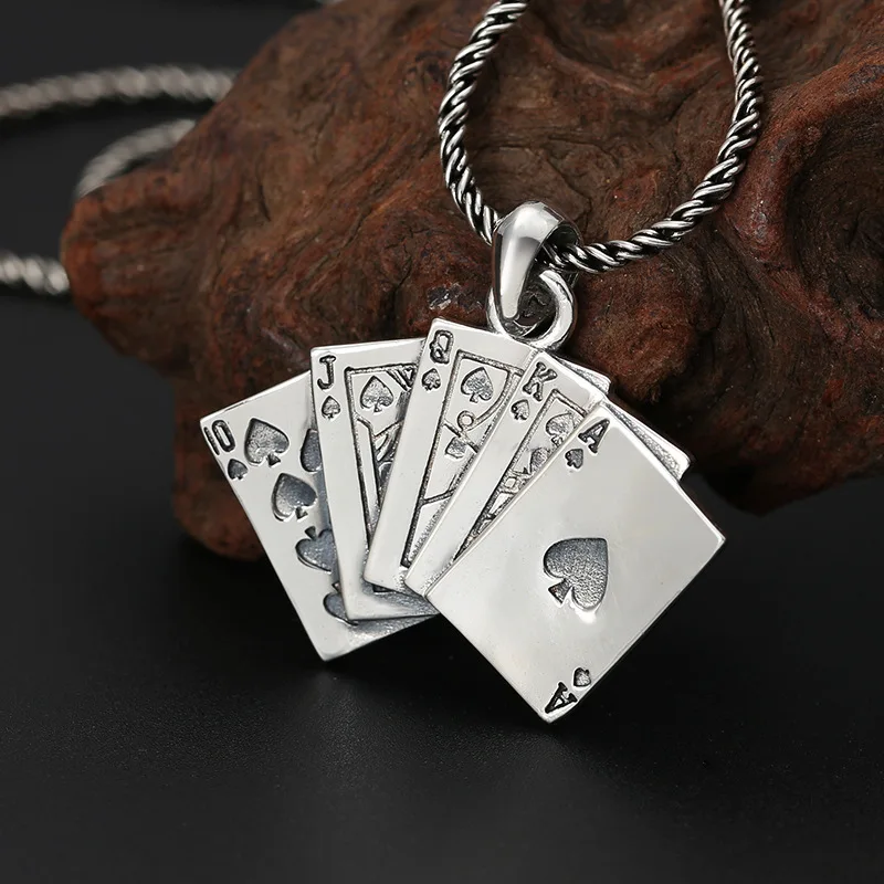 S925 Sterling Silver Poker Pendant Black Color Old Process Unisex Fine Jewelry FYNE411