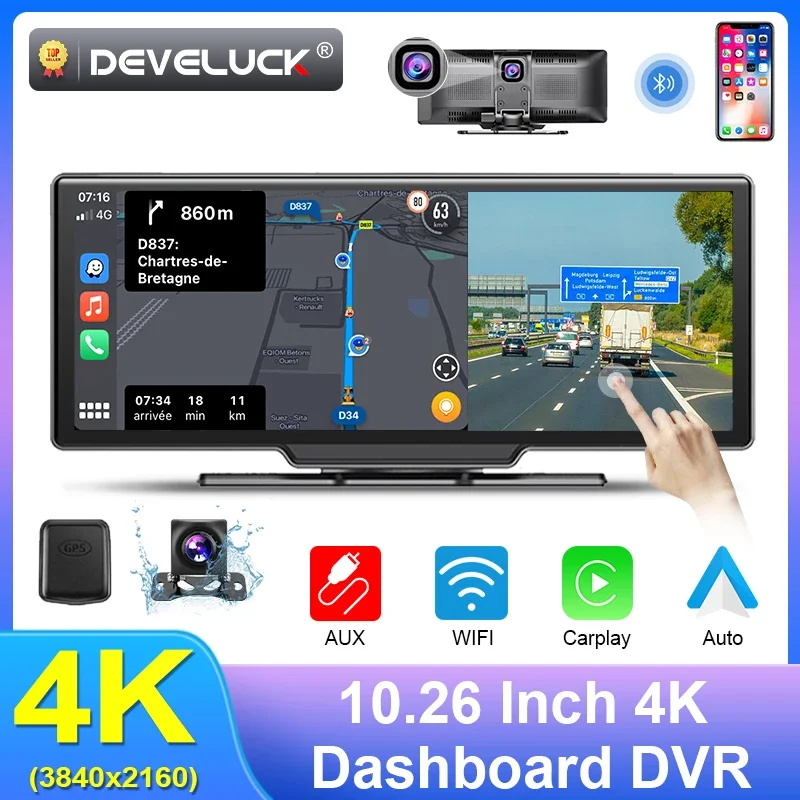 

Develuck 10.26 Inch 4K Car DVR Carplay AUX Android Auto 1080p Rearview mirror Camera Dash Dual Lens 3840*2160P GPS Video Monitor