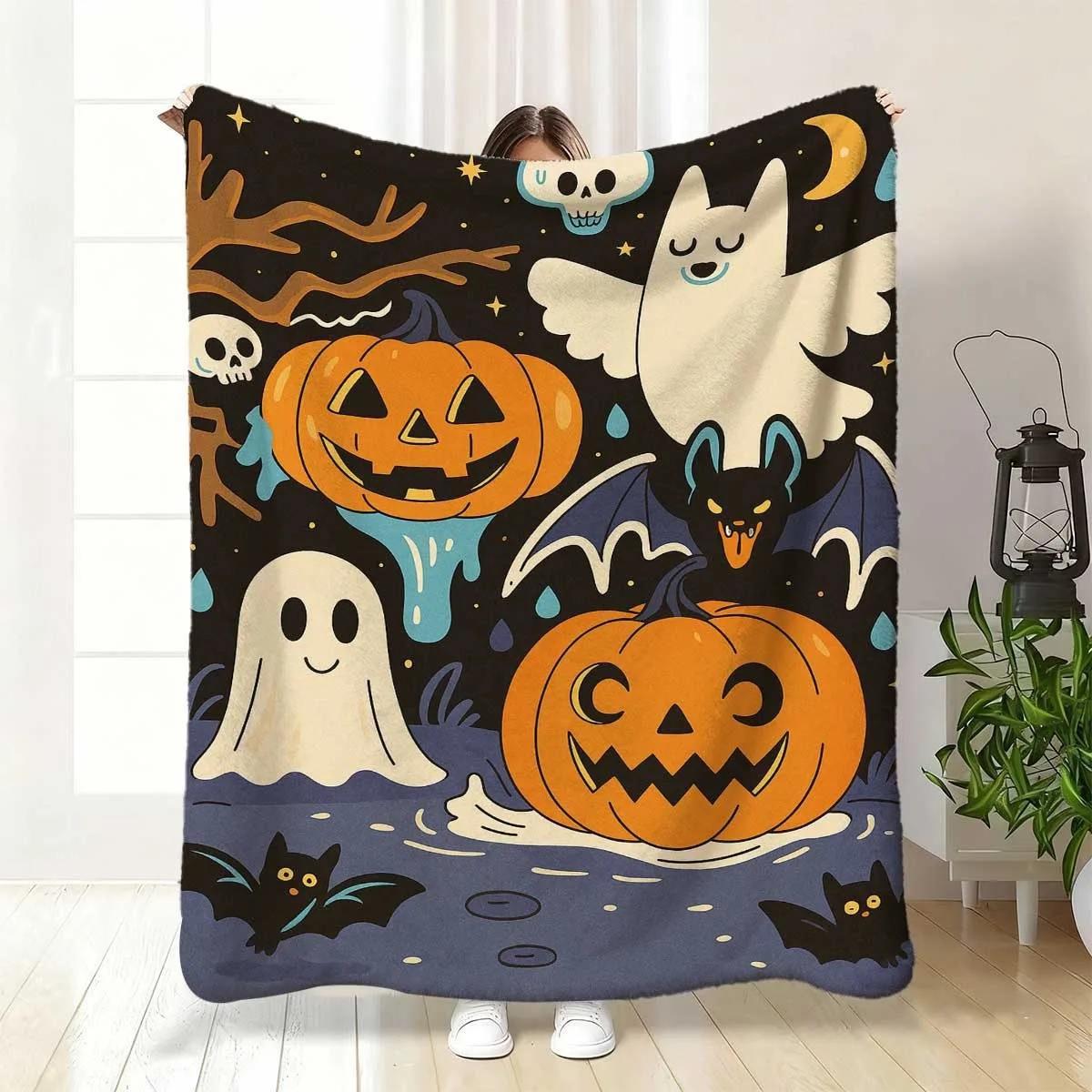 Cozy Throw Featuring Eerie Ghosts, Bats, Jack-O'-Lanterns, And Witches, Made of Soft Flannel. This All-Season Bedspread Is Wrinkle-Resistant And Perfect for Your Couch, Sofa, Or As a Decorative Cover for Easy Cleaning