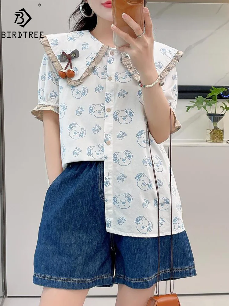 

New Spring Cotton Shirt Women Short Sleeve Peter Pan Collar Tops Girl Loose OL Cartoon Chic Casual Blouses 2024 Summer T45791QM