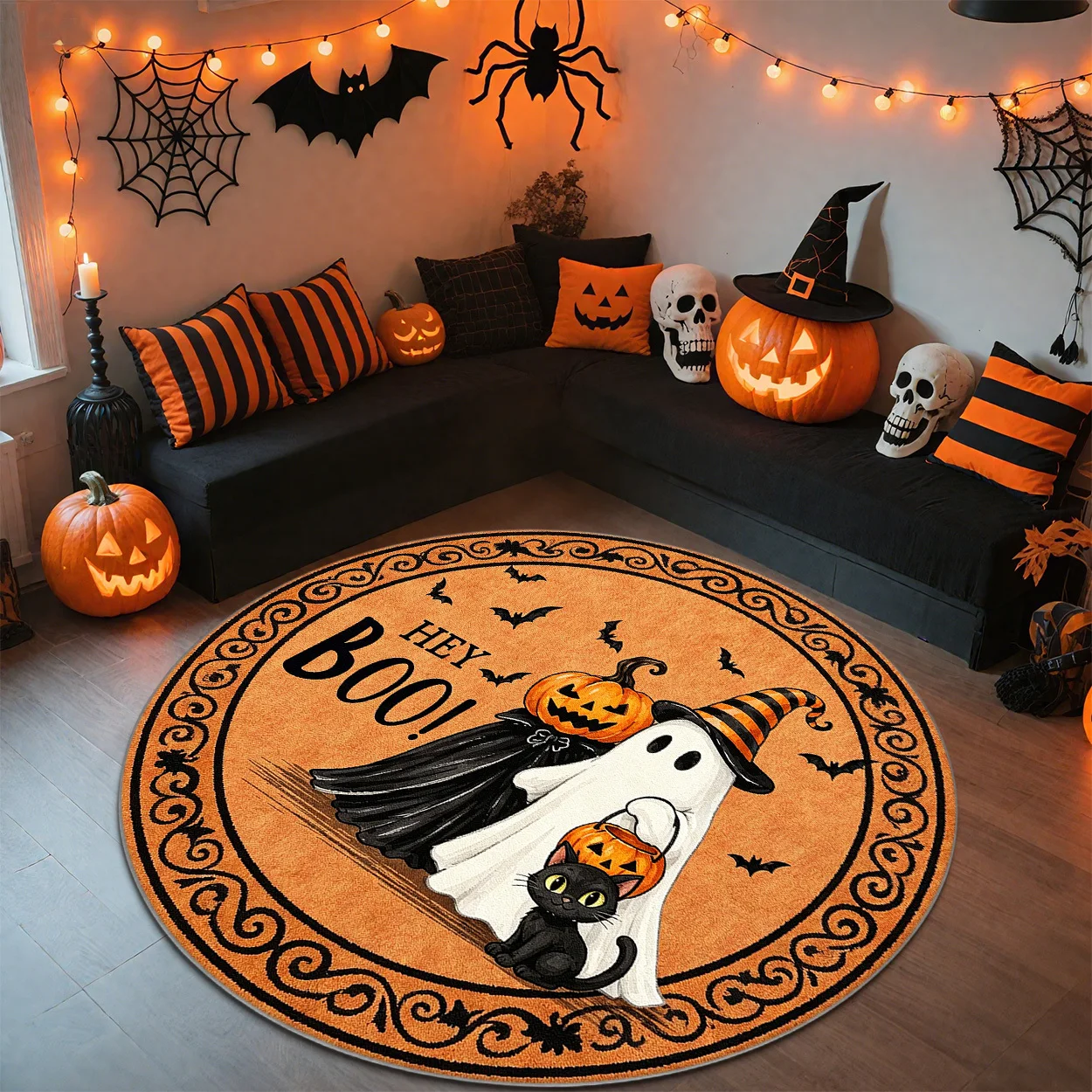 Festive Home Decor Welcome Lettering Carpet Front Door Patio Round Area Rugs Orange Ghost Cats Printed Large Floor Mat
