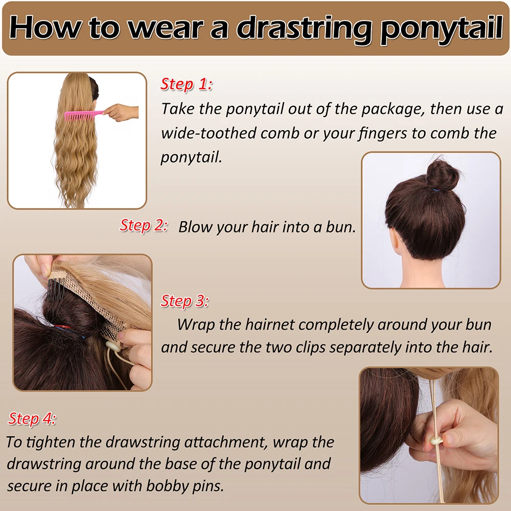 Long Water Wave Synthetic Ponytail Blonde Red Drawstring Ponytail Extensions for Women Clip in Hair Extensions for Daily Party