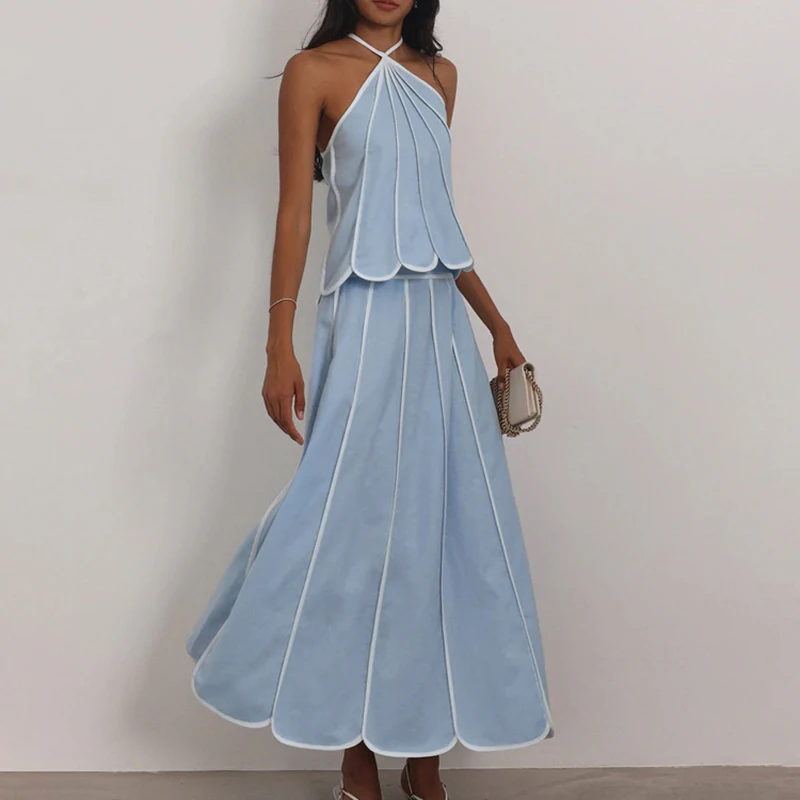 Summer Hollow Out Backless Holiday Suit Color Blocked Slim Women Party Outfit Simple Hanging Neck Top + Long Skirt Two Piece Set