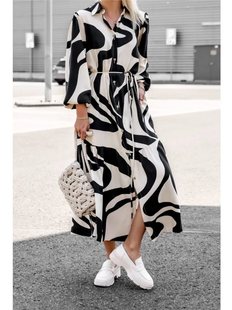 

Women Vintage Printed Maxi Dresses Casual Long Sleeve Buttons Lace Up Loose Office Lady Shirts Dress Spring Autumn Party Vestido